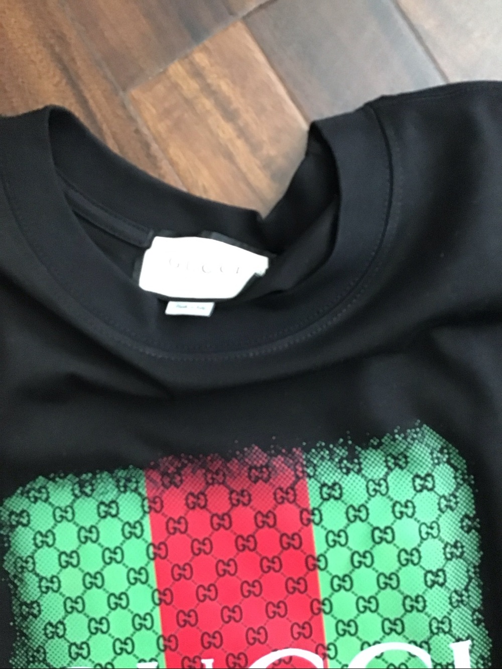 Gucci Black Tee with Green and Red Center Stripe Logo